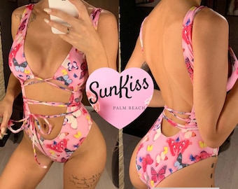 Pink Miss Butterfly Monokini/Women’s One Piece Swimwear/ One Piece Swim Suit/ One Piece Bathing Suit