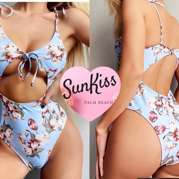 Light Blue Floral Tahiti Mermaid Monokini/Women’s One Piece Swimwear/ One Piece Swimsuit/One Piece Bathing suit