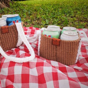Four-Pack Drink Carrier, Custom Beverage Bag, Crochet BYOB Tote, Handmade Purple and White 4-Pack Beer Caddy, Picnic Drink 4 pack Carrier