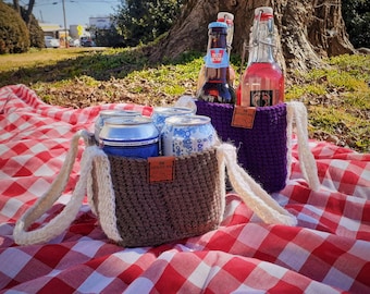 Viererpack Getränketragetasche, Gehäkelte BYOB Tote, Handgemachte Lila und Weiß 4er Pack Bier Caddy, Picknick Drink 4er Pack Tragetasche