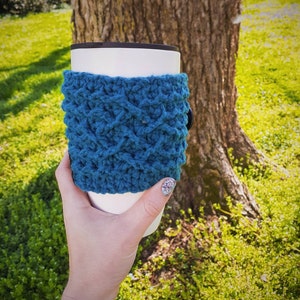 Handmade Mug Cozie, Button Crochet Koozie for Mug, Cup Sleeve with Cables, Gift for Coffee Lovers, Custom Mug Cozie, Rainy Day Gifts, Celtic