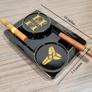 Personalized 2 Cigar Ceramic Ashtray, 2 Drink Coaster Whiskey Cup Glass Rest Seduction Black with Elegant Gold Trims