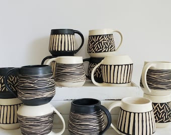 Black and white striped coffee cups, handmade ceramic mug, hand-carved stripes, bold modern design, matte black or white glaze, choose one