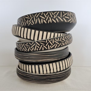Medium serving bowl, pasta bowl, wide bowl, multiple designs, modern design, hand-carved black and white pattern, matte black or white glaze