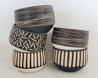 Black and white striped tea bowl, latte bowl, handmade ceramic cup, hand-carved stripes, bold modern design and matte black or white glaze