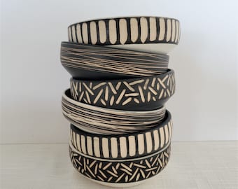 Small dessert, appetizer, catch-all bowl, black and white bowl, hand-carved stripes, patterned bowls, black and white glazes, small bowl