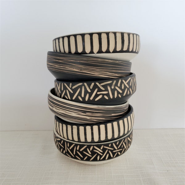 Small dessert, appetizer, catch-all bowl, black and white bowl, hand-carved stripes, patterned bowls, black and white glazes, small bowl