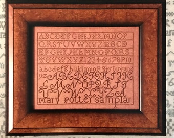 Könnte beinhalten: Ein gerahmtes Kreuzstich-Exemplar mit dem Text "Thy Needle's Worke" oben. Das Exemplar zeigt das Alphabet, Zahlen und den Text "Mary Potter samplar" in einem braunen Holzrahmen. Der Hintergrund ist ein gemusterter Stoff.