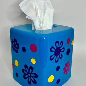 Teal Acrylic Tissue Cover Box with colorful dots and flowers