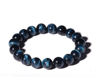 Blue Tiger Eye Bracelet Natural Blue Golden Silver Tiger Eyes Handmade Beaded Jewelry Chakra Healing Protective Cat's Eye Effect Gift