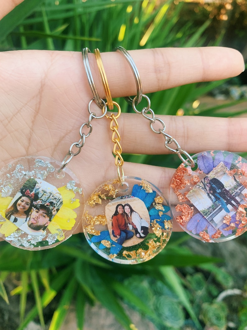 DOUBLE SIDED Resin Photo Keychain With Flowers Photo Etsy UK