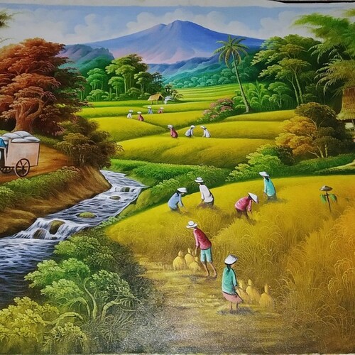 Painting of yellow and abundant rice shops paddy harvest - big harvest