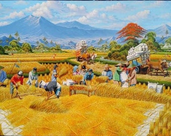 Rice Harvest Landscape Painting with Realistic Details