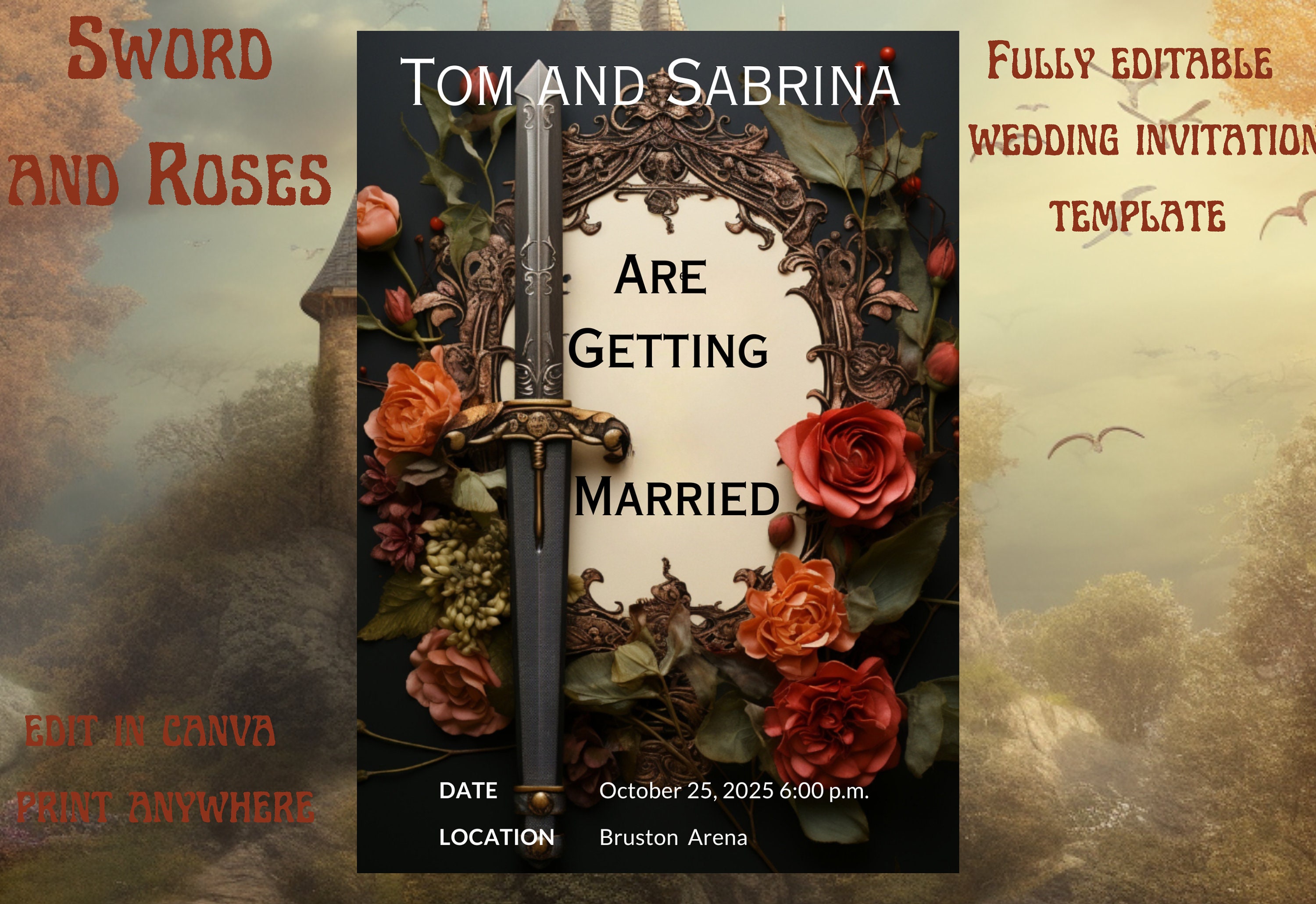 Sword and Roses Viking SCA Weddinginvites Canva Template Wiccan Pagan