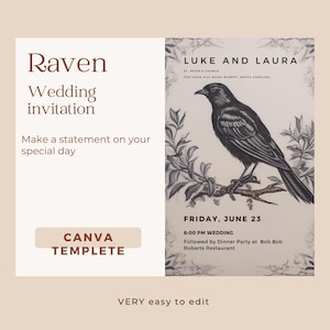 Raven wedding invitation canva template viking wedding pagan wedding goth wedding elegant white easy edit