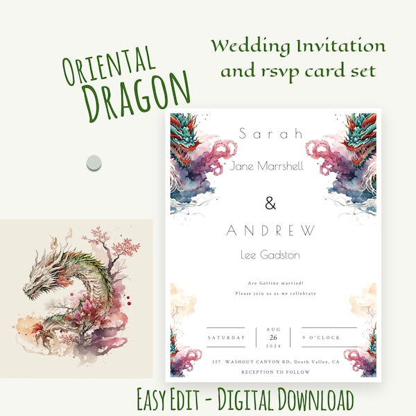 Asian dragon wedding invitation rsvp bundle templett files fully editable martial arts wedding kimono digital download weddinginvite