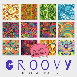 Papier numérique rétro Groovy des années 70, 75 fichiers PNG, scrapbooking hippie style années 60, années 70, clipart hippie en papier des années 70, fleur vintage tie die, papier
