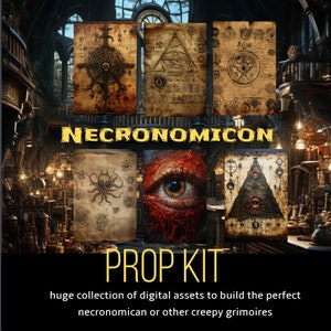 Necronomicon prop kit, digital download, png, old paper texture, mystical symbols, grimoire, Lovecraft, Call of Cthulhu, runes, creepy