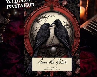 Gothic wedding invitation two ravens Wiccan Viking wedding pagan ravens black and red wedding invitation