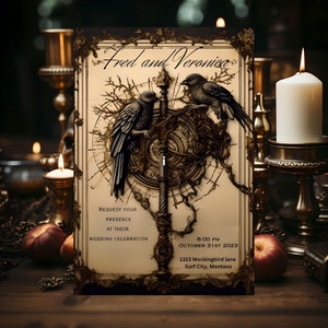 Goth Pagan Wiccan wedding invitation template digital download heathen wedding edit in Canva ravens dark wedding invite