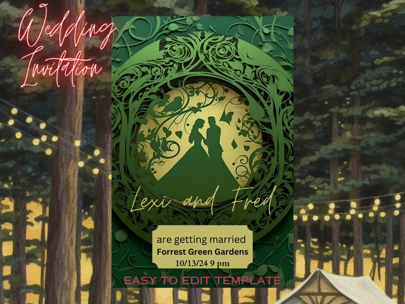 Green Fantasy Wedding Invitation Canva Template Digital Download ...