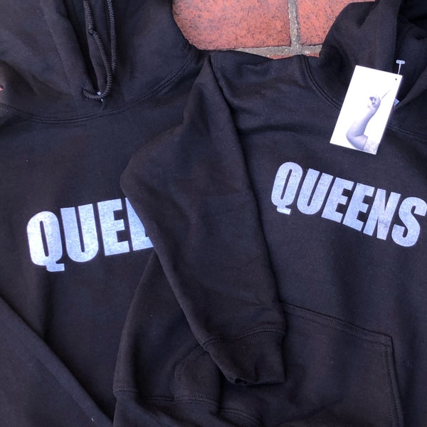 QUEENS Hoodies voor volwassenen en kinderen, met de hand bedrukt, op waterbasis, Queens Proud, NY, The World's Borough, Made in Queens, Queens Kids