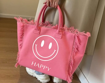Personalisierte Tasche Canvastasche Happy, hochwertiger Shopper, Tasche Monogramm, Einkaufstasche, Geschenkidee Freundin, Geburtstag