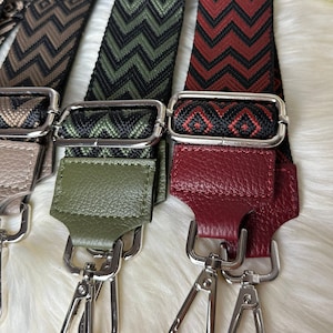 Schultergurt Crossbody Taschengurt Wechselgurt Schwarz, Taupe, Dunkelrot , Kaki mit Leder-Enden Gitarrengurt Silberne Beschläge Geschenkidee