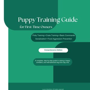 Op de afbeelding: Een teal en groene boekomslag met de titel "Puppy Training Guide for First-Time Owners". De omslag bevat secties over zindelijkheidstraining, benchtraining, basiscommando's, socialisatie en het voorkomen van voedselagressie. Het is een uitgebreide editie.