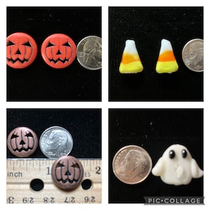 May include: A collage of Halloween-themed items. Includes two orange pumpkin-faced buttons, two candy corn shapes, two copper-colored pumpkin buttons, and a white ghost-shaped charm. Coins are included for size reference.