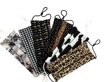 Shades of Black ~ Cow Print -Leopard | Face Masks ~  2 layers ~ Reversible -Adjustable  Washable