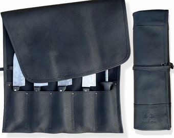 MARION - LA PETITE - Genuine Calf Top Grain Black Leather - Handcrafted Professional Chef's Knife Storage Roll Bag - 5 Pockets