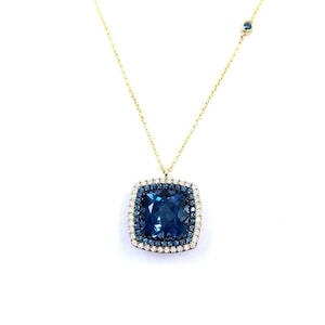 18k Yellow Gold London Blue Topaz Necklace: Diamond Accent, Handmade Greek Jewelry