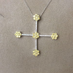 18k White Gold Cross Necklace: Diamond & Yellow Sapphire, Handmade Greek Jewelry