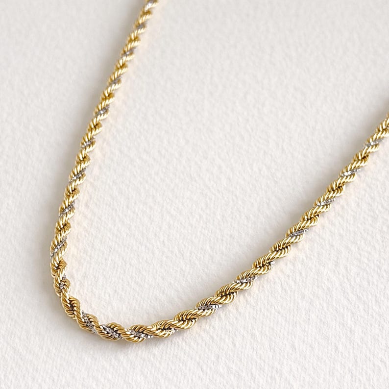 Collar de cuerda trenzada de oro bicolor de 14 quilates con cadena de caja blanca de 19,7 pulgadas imagen 7