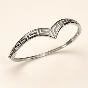 Greek Key Meander V Bangle Sterling Silver Rhodium Plated Bracelet