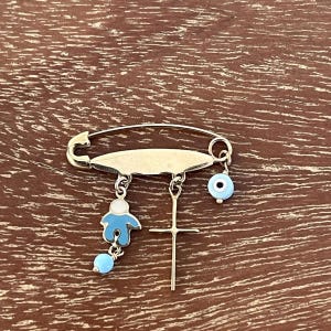 9k Yellow Gold Baby Cross Pin | Turquoise Evil Eye, Enamel Detail, Handmade Greek Jewelry