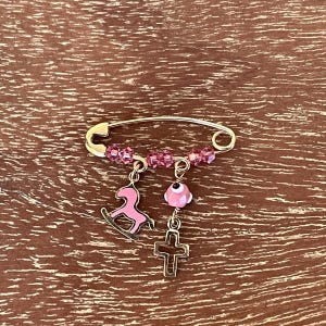 9k Yellow Gold Baby Cross Pin | Pink Topaz Evil Eye, Enamel Detail, Handmade ItalianGreek Jewelry