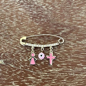 9k Yellow Gold Baby Cross Pin | Sapphire Evil Eye, Pink Enamel, Handmade Greek Jewelry
