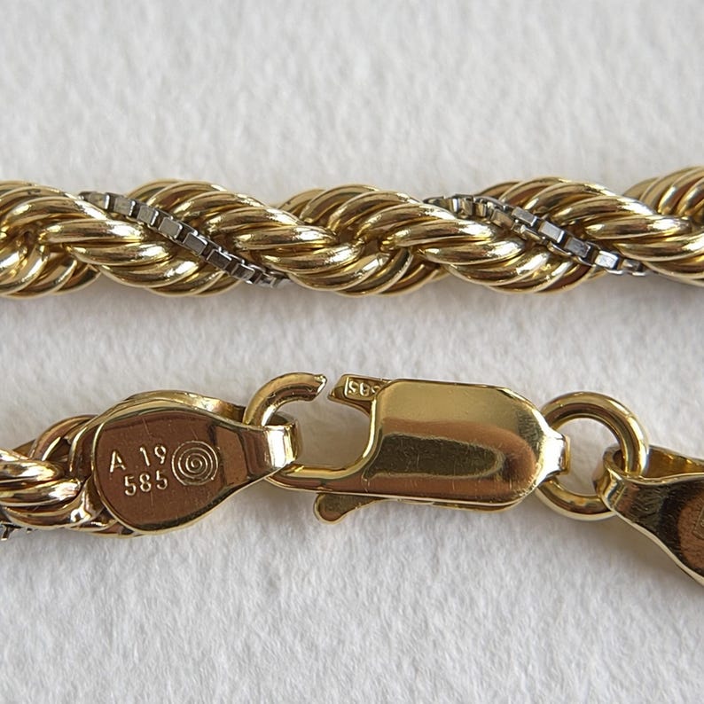 Collar de cuerda trenzada de oro bicolor de 14 quilates con cadena de caja blanca de 19,7 pulgadas imagen 11