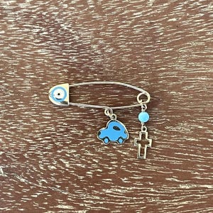 9k Yellow Gold Baby Cross Pin | Turquoise Evil Eye, Enamel Detail, Handmade Greek Jewelry