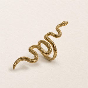 May include: A gold-toned ring shaped like a coiled snake with a textured, scale-like surface. The snake body winds around to form the band, with the head positioned at one end and the tail at the other, creating a continuous, elongated design.