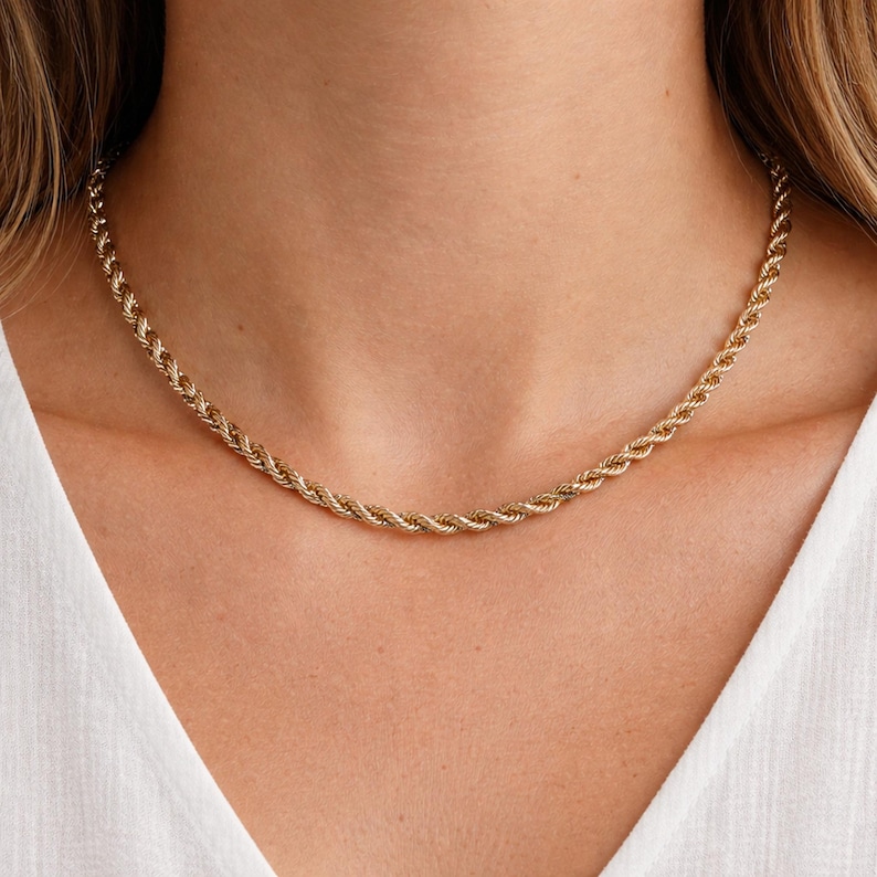 Collar de cuerda trenzada de oro bicolor de 14 quilates con cadena de caja blanca de 19,7 pulgadas imagen 9