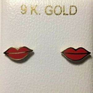 Women's Stud Earrings Solid 9k Yellow Gold Red Enamel Lips