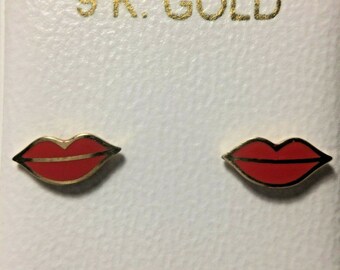 Women's Stud Earrings Solid 9k Yellow Gold Red Enamel Lips