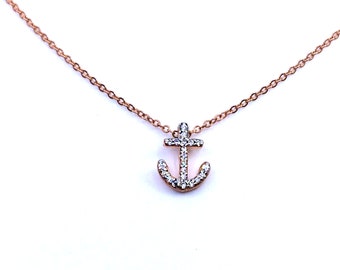 Women's Anchor Necklace Cable Chain Sterling Silver 925 Round Cubic Zirconia