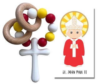 St. JOHN PAUL II Silicone Rosary | Baby's First Rosary | Beech Wood Rings | Catholic Baby Gift