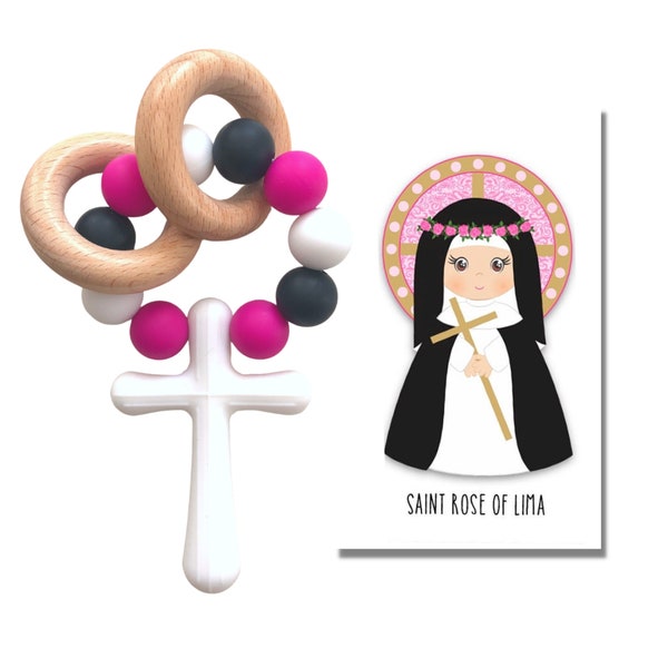 ST. ROSE of LIMA Silicone Rosary | Baby's First Rosary | Beech Wood Rings | Catholic Baby Gift