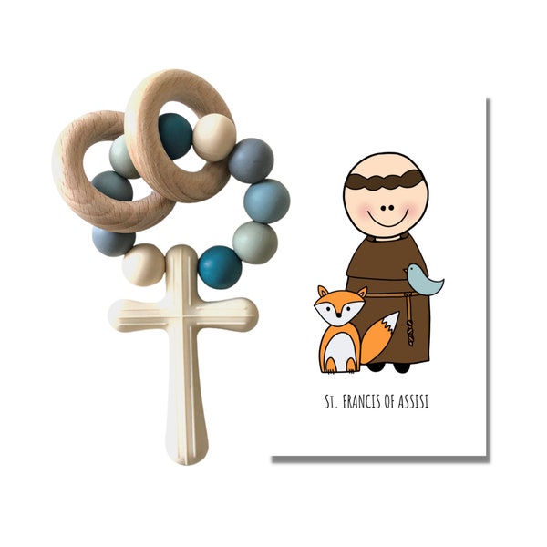 ST. FRANCIS of ASSISI Silicone Rosary | Baby's First Rosary | Beech Wood Rings