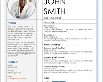 May include: A blue and white resume template with a photo of a man in a white coat. The resume includes sections for profile, contact, hobbies, education, work experience, and skills. The skills section includes a bar graph to show proficiency levels.
